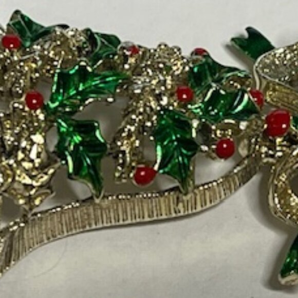 VTG Gerry's Christmas Holiday Bell Gold Tone Red Green Movable Bow Brooch Pin 2" - Picture 11 of 15